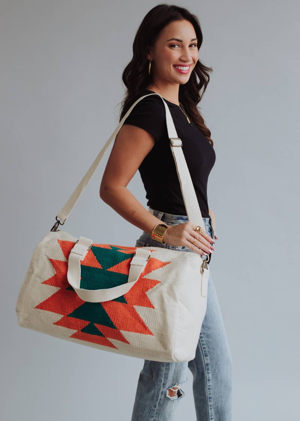 Beige, Orange & Green Aztec Duffel